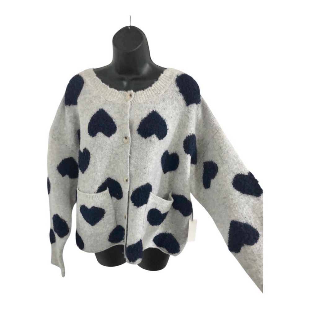 Gray cardigan with dark navy blue heart patches size medium brand‎ new